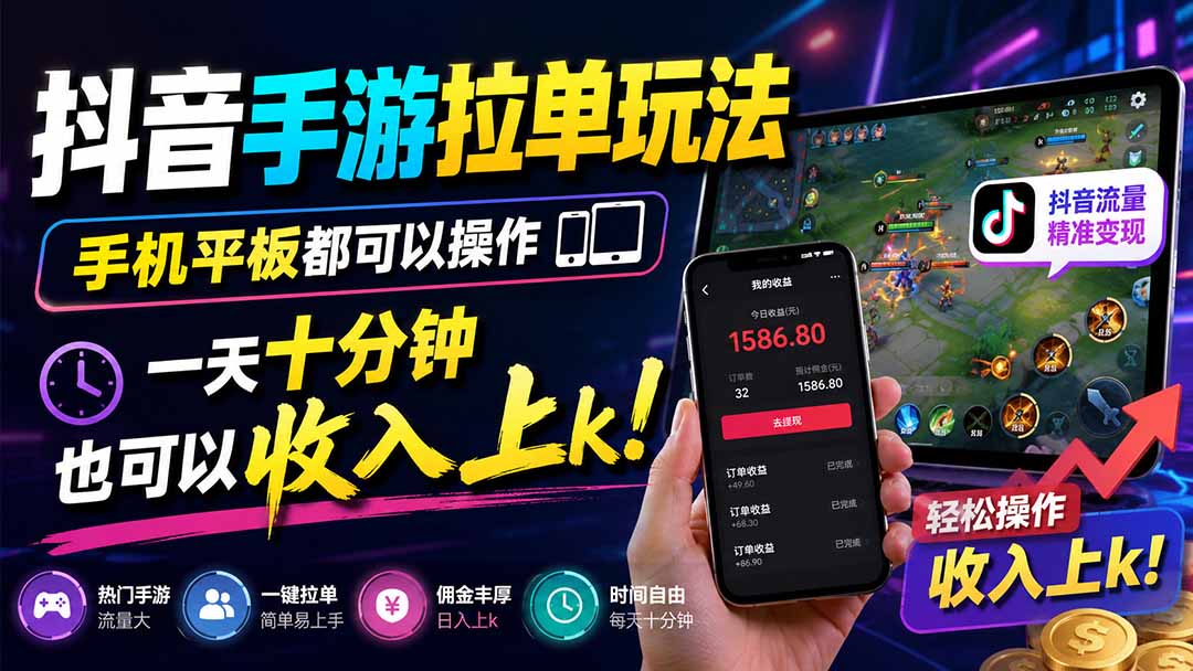 抖音手游拉单玩法，手机平板都可以操作，一天十分钟也可以收入上k！-LanTi云网创