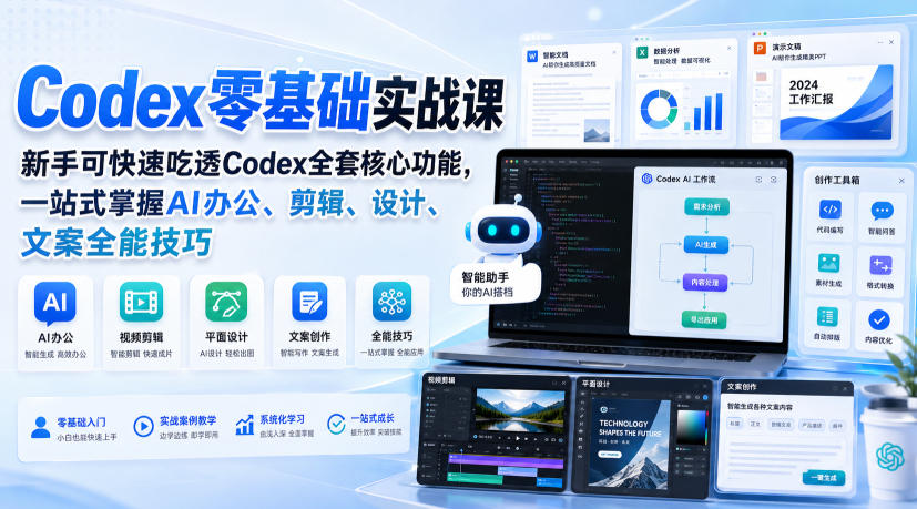 Codex零基础实战课，新手可快速吃透Codex全套核心功能，一站式掌握AI办公、剪辑、设计、文案全能技巧-LanTi云网创