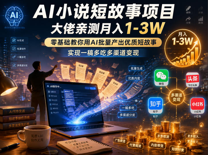 AI小说短故事项目，大佬亲测月入1-3W，零基础教你用AI批量产出优质短故事，实现一稿多吃多渠道变现(更新0824)-LanTi云网创