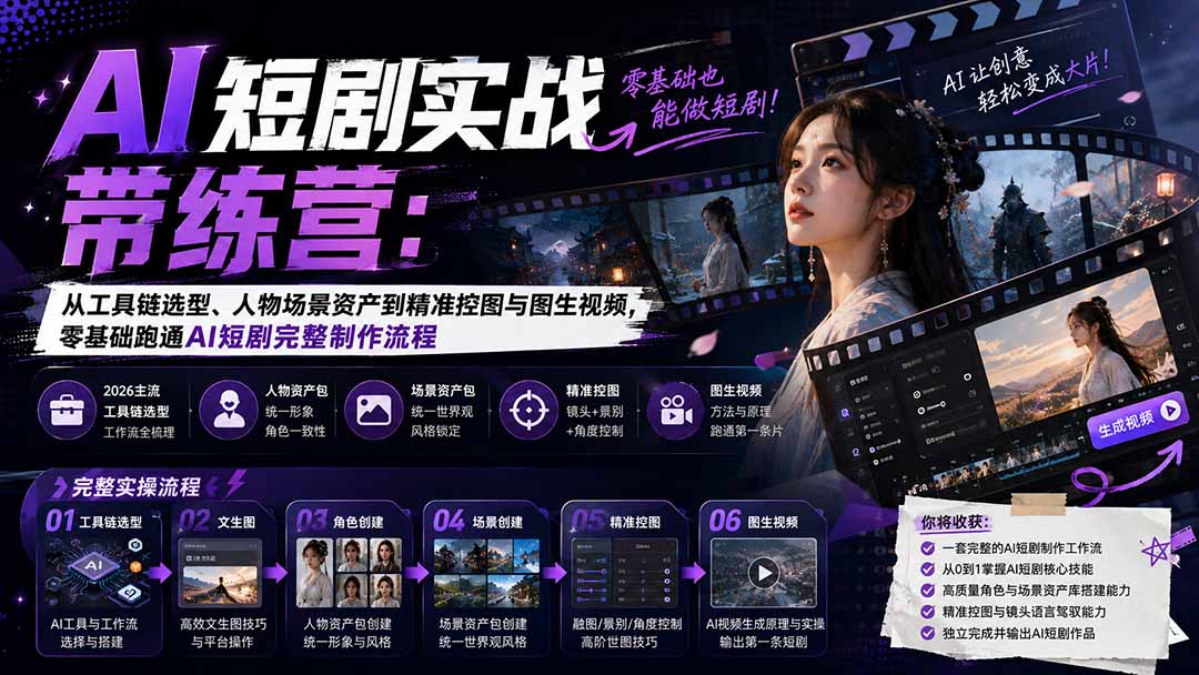 AI短剧实战训练营：从工具链选型、人物场景资产到精准控图与图生视频，零基础跑通AI短剧完整制作流程-LanTi云网创
