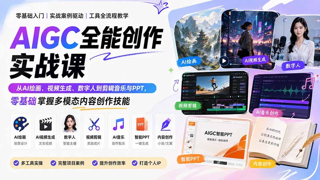 AIGC全能创作实战课：从AI绘画、视频生成、数字人到剪辑音乐与PPT，零基础掌握多模态内容创作技能-LanTi云网创