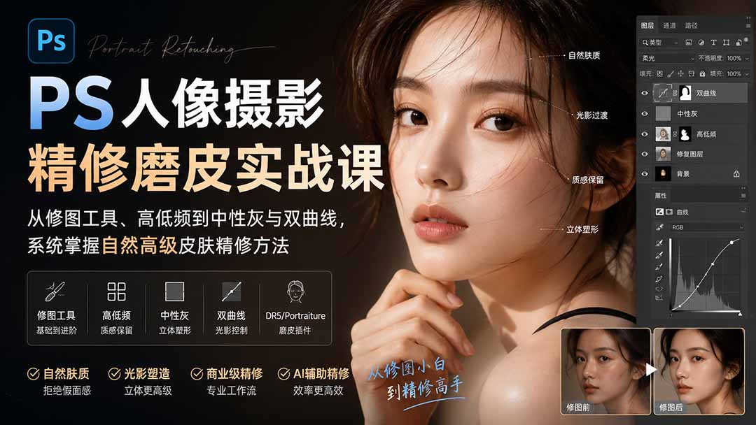 PS人像摄影精修磨皮实战课：从修图工具、高低频到中性灰与双曲线，系统掌握自然高级皮肤精修方法-LanTi云网创