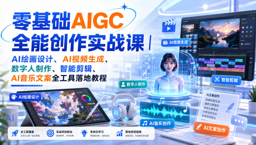 零基础AIGC全能创作实战课｜AI绘画设计、AI视频生成、数字人制作、智能剪辑、AI音乐文案全工具落地教程-LanTi云网创