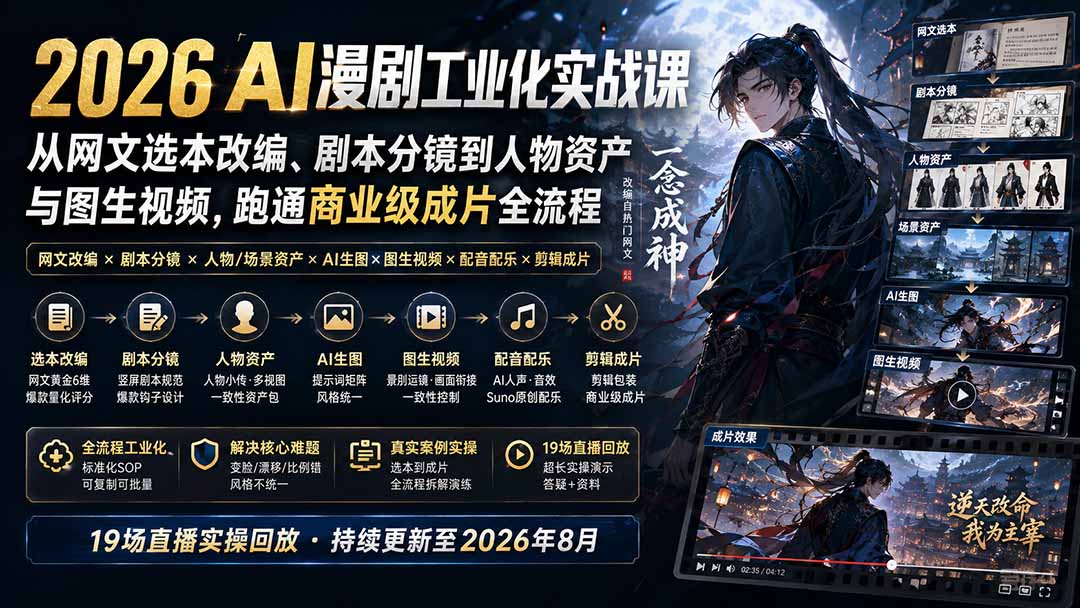 2026 AI漫剧工业化实战课-更新：从网文选本改编、剧本分镜到人物资产与图生视频，跑通商业级成片全流程-LanTi云网创