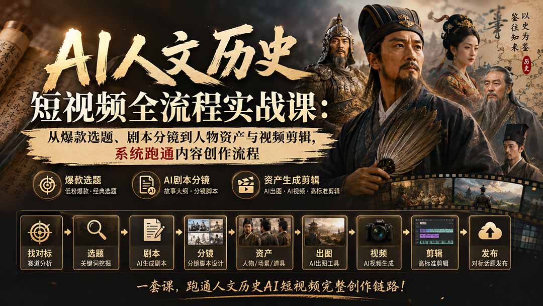AI人文历史短视频全流程实战课：从爆款选题、剧本分镜到人物资产与视频剪辑，系统跑通内容创作流程-LanTi云网创
