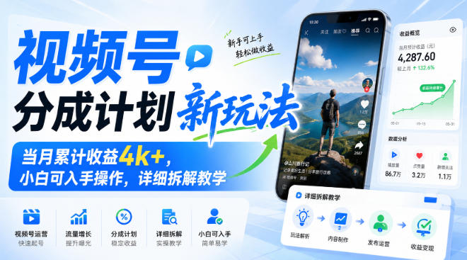视频号分成计划新玩法，当月累计收益4k+，小白可入手操作，详细拆解教学-LanTi云网创