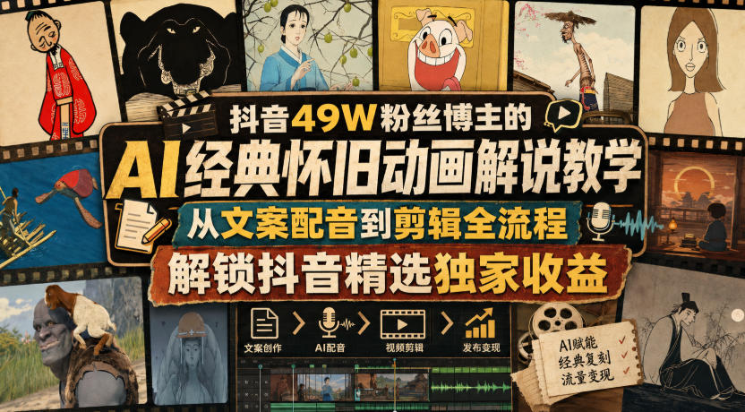 抖音49W粉丝博主的AI经典怀旧动画解说教学，从文案配音到剪辑全流程，解锁抖音精选独家收益-LanTi云网创