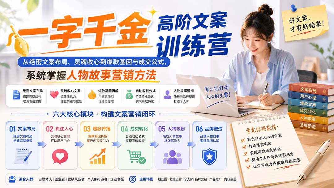 一字千金高阶文案训练营：从绝密文案布局、灵魂收心到爆款基因与成交公式，系统掌握人物故事营销方法-LanTi云网创
