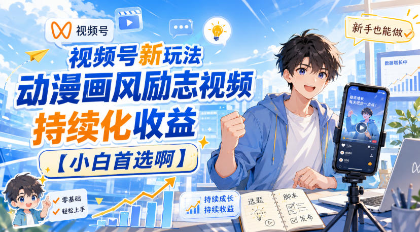 视频号新玩法动漫画风励志视频，持续化收益【小白首选啊】-LanTi云网创