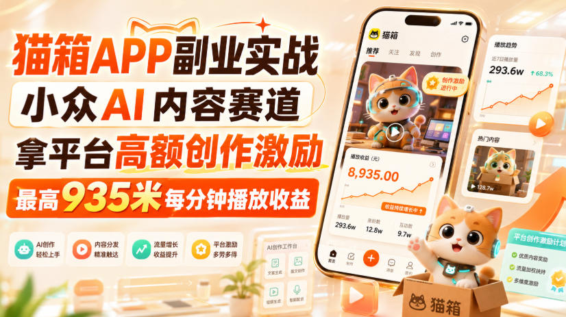 猫箱APP副业实战，小众AI内容赛道，拿平台高额创作激励，最高935米每分钟播放收益-LanTi云网创