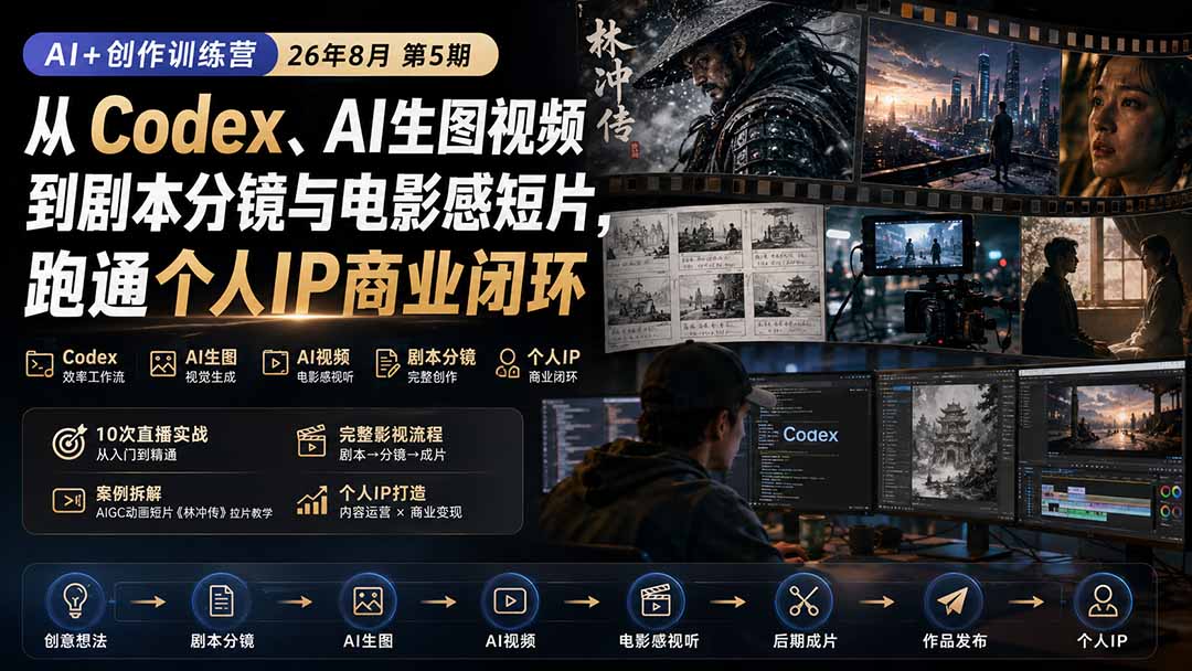 AI+创作训练营26年8月第5期：从Codex、AI生图视频到剧本分镜与电影感短片，跑通个人IP商业闭环-LanTi云网创