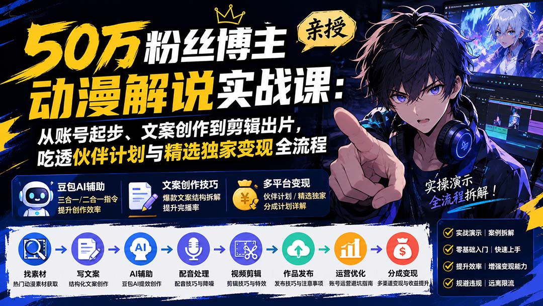 50万粉丝博主亲授动漫解说实战课：从账号起步、文案创作到剪辑出片，吃透伙伴计划与精选独家变现全流程-LanTi云网创