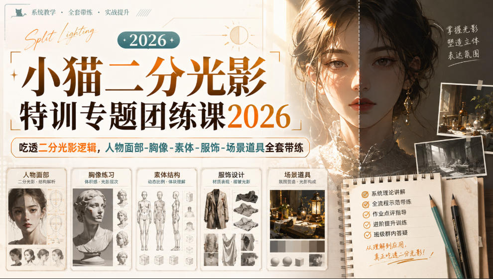 小猫二分光影特训专题团练课2026｜吃透二分光影逻辑，人物面部‑胸像‑素体‑服饰‑场景道具全套带练，高清画质附赠课件与笔刷-LanTi云网创