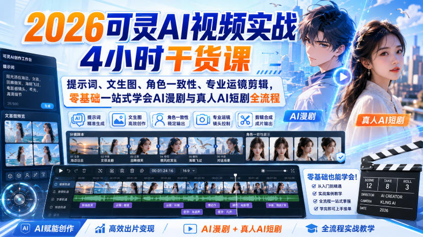 2026可灵AI视频实战4小时干货课｜提示词、文生图、角色一致性、专业运镜剪辑，零基础一站式学会AI漫剧与真人AI短剧全流程-LanTi云网创