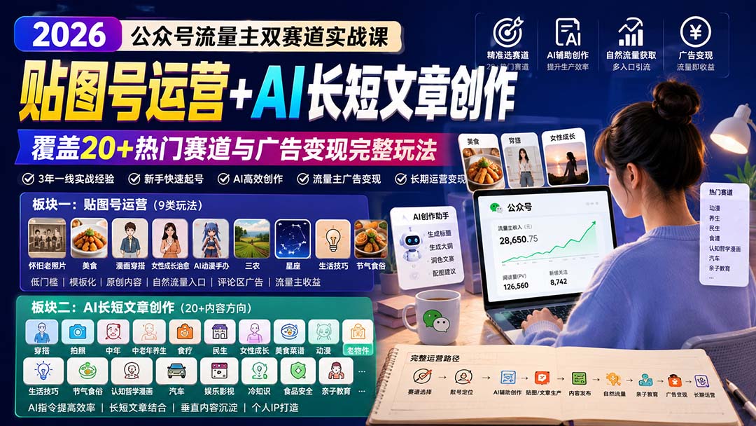 公众号流量主双赛道实战课：贴图号运营+AI长短文章创作，覆盖20+热门赛道与广告变现完整玩法-LanTi云网创