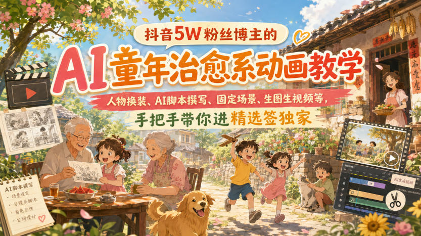 抖音5W粉丝博主的AI童年治愈系动画教学，人物换装、AI脚本撰写、固定场景、生图生视频等，手把手带你进精选签独家-LanTi云网创