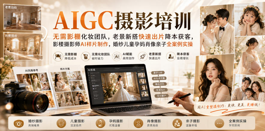 AIGC摄影培训｜无需影棚化妆团队，老景新搭快速出片降本获客，影楼摄影师AI样片制作，婚纱儿童孕妈肖像亲子全案例实操-LanTi云网创