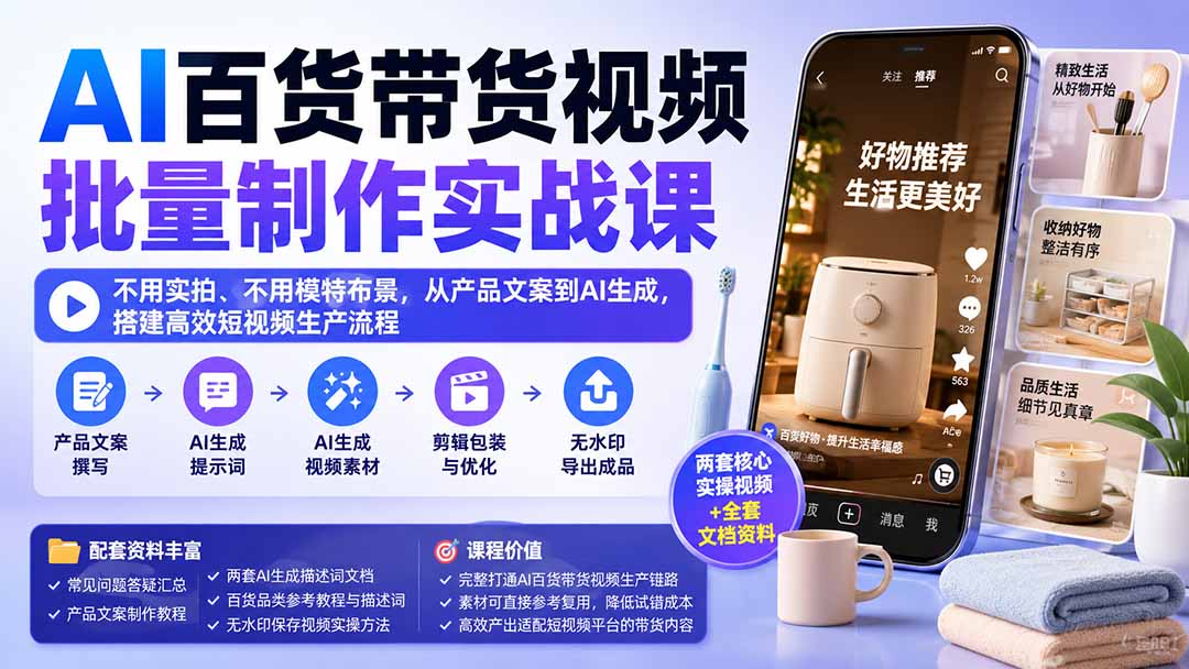 AI百货带货视频批量制作实战课：不用实拍、不用模特布景，从产品文案到AI生成，搭建高效短视频生产流程-LanTi云网创