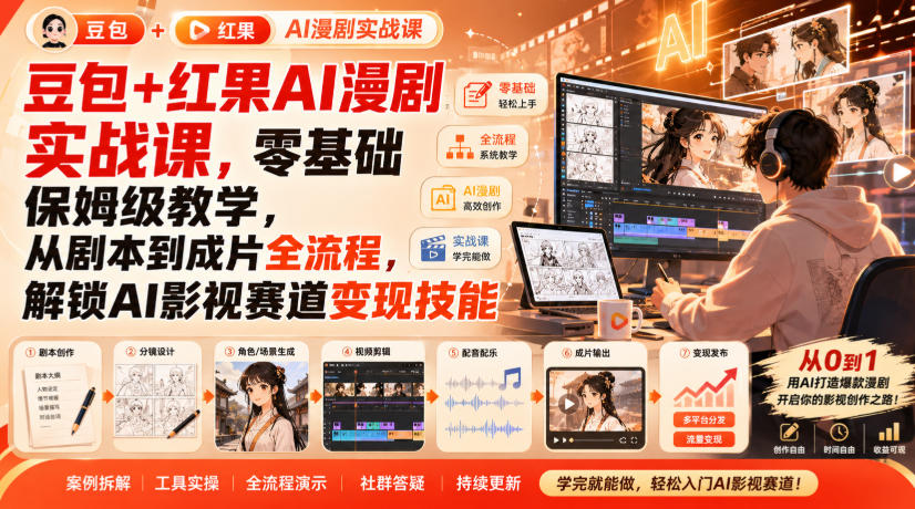 豆包+红果AI漫剧实战课，零基础保姆级教学，从剧本到成片全流程，解锁AI影视赛道变现技能-LanTi云网创