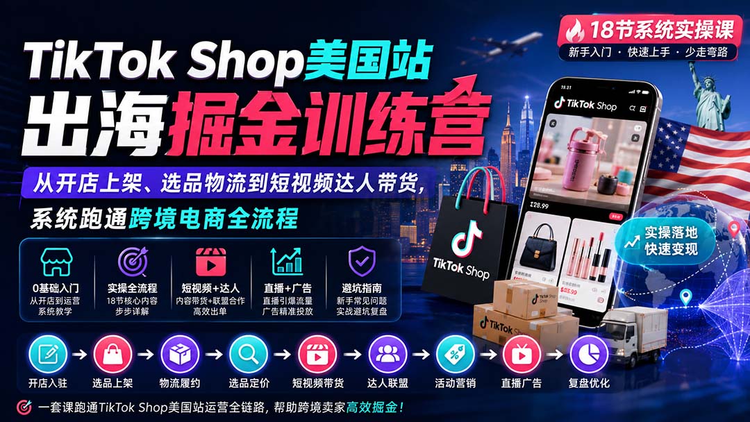 TikTok Shop美国站出海掘金训练营：从开店上架、选品物流到短视频达人带货，系统跑通跨境电商全流程-LanTi云网创