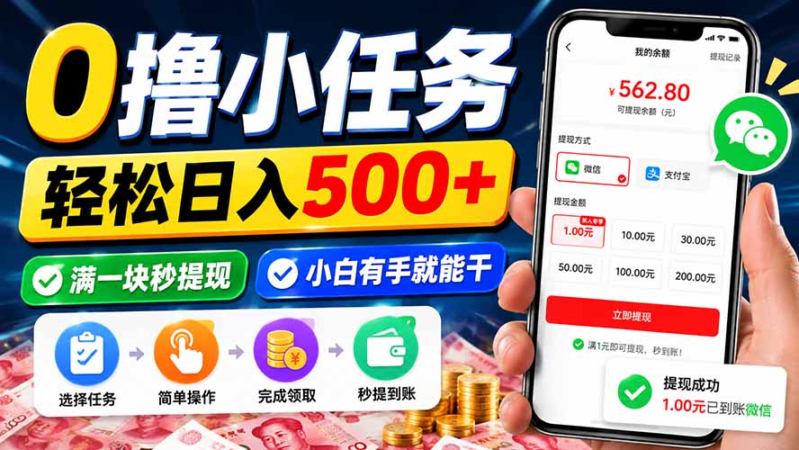 0撸小任务，轻松日入500+，满一块秒提现，小白有手就能干-LanTi云网创