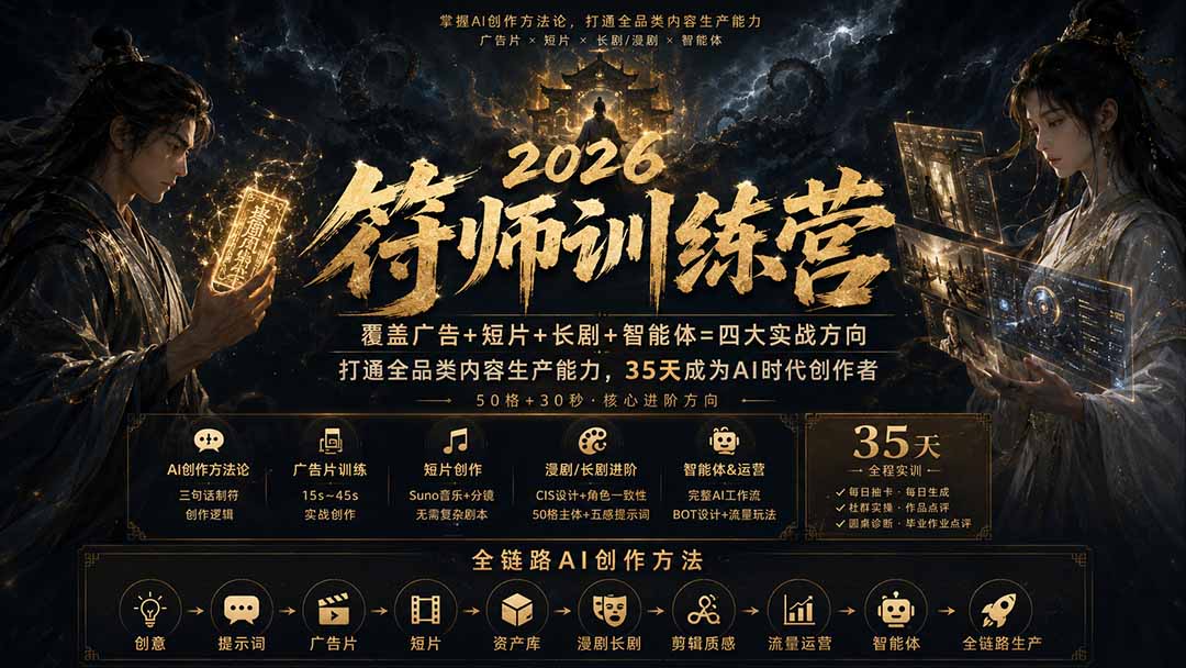 符师训练营-35天成为AI时代创作者，广告+短片+漫剧+智能体四大实战方向，掌握从创意到上线的完整工作流-LanTi云网创