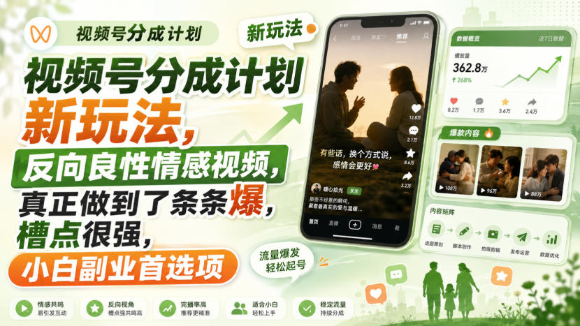视频号分成计划新玩法，反向良性情感视频，真正做到了条条爆，槽点很强，小白副业首选项-LanTi云网创