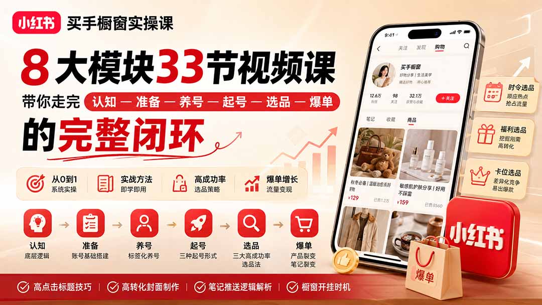 小红书买手橱窗实操课：8大模块33节视频课，带你走完”认知—准备—养号—起号—选品—爆单”的完整闭环-LanTi云网创
