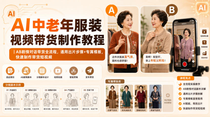 AI中老年服装视频带货制作教程｜AB剧情对话带货全流程，通用出片步骤+专属模板，快速制作带货短视频-LanTi云网创