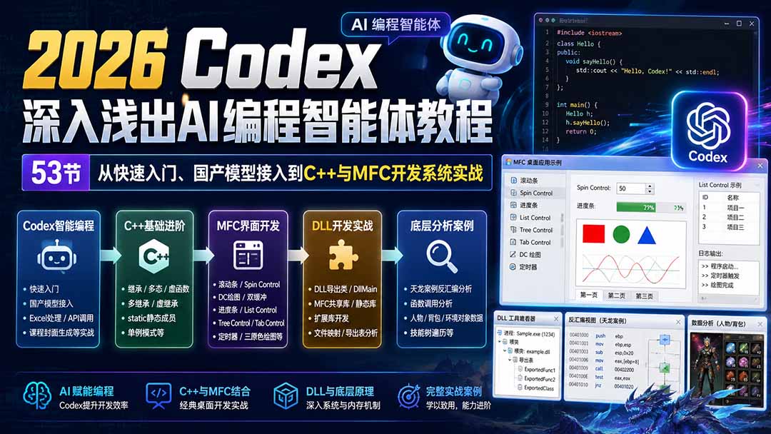 2026 Codex深入浅出AI编程智能体教程：53节从快速入门、国产模型接入到C++与MFC开发系统实战-LanTi云网创
