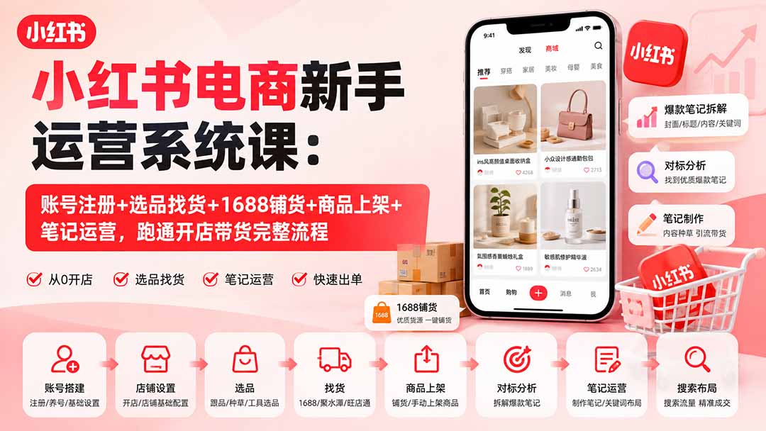 小红书电商新手运营系统课：账号注册+选品找货+1688铺货+商品上架+笔记运营，跑通开店带货完整流程-LanTi云网创