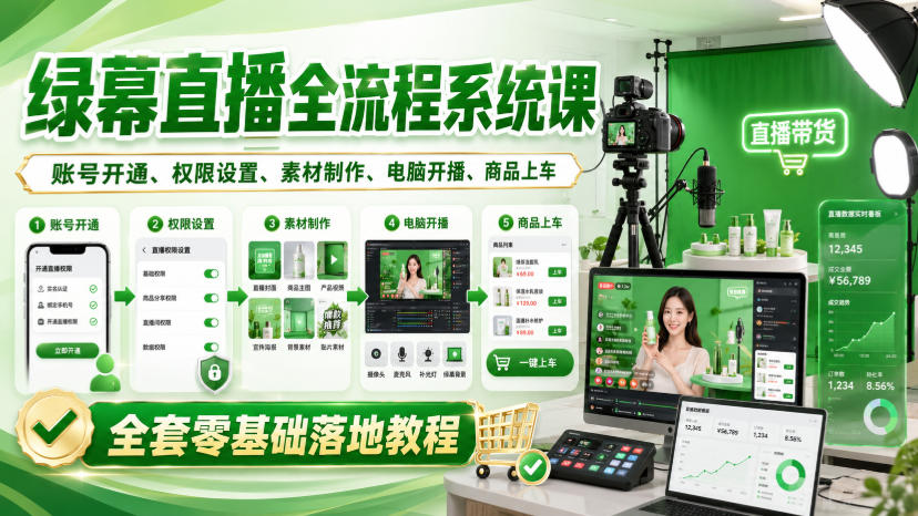 绿幕直播全流程系统课，账号开通、权限设置、素材制作、电脑开播、商品上车全套零基础落地教程-LanTi云网创