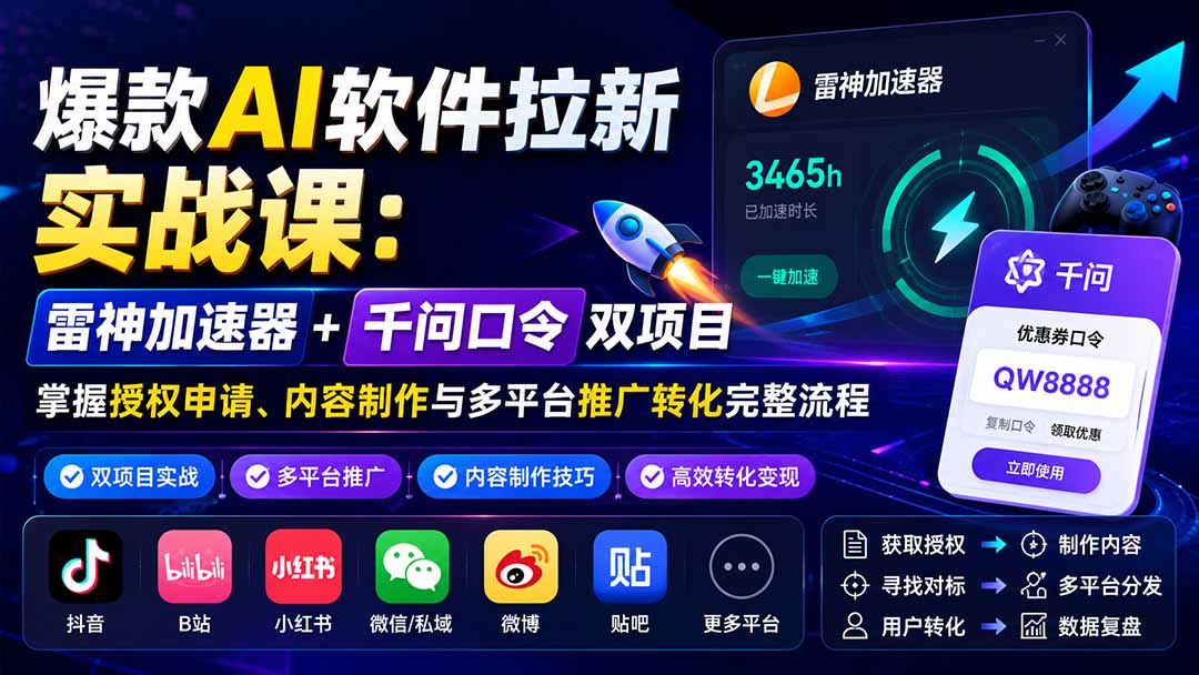 爆款AI软件拉新实战课：雷神加速器+千问口令双项目，掌握授权申请、内容制作与多平台推广转化完整流程-LanTi云网创