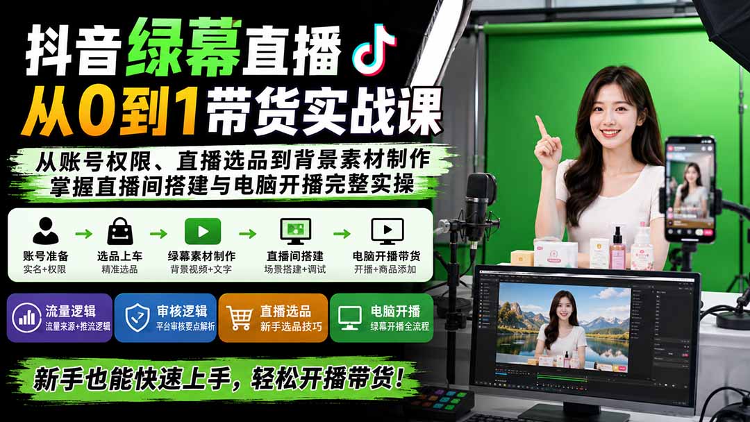 抖音绿幕直播从0到1带货实战课：从账号权限、直播选品到背景素材制作，掌握直播间搭建与电脑开播完整实操-LanTi云网创