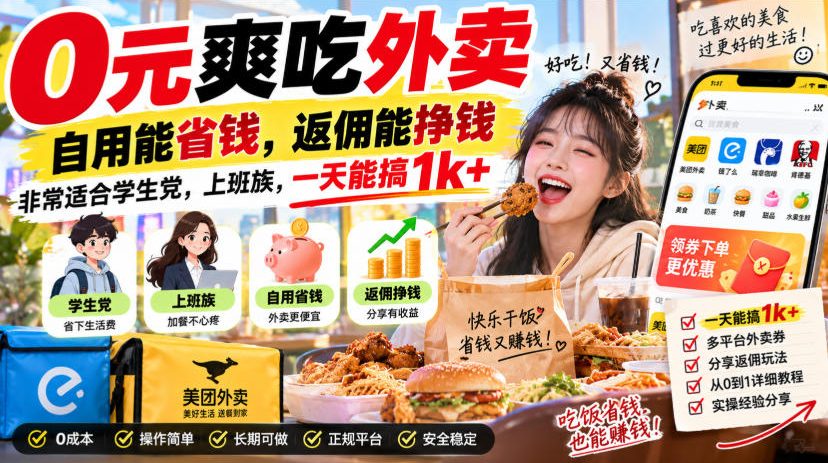 0元爽吃外卖，自用能省钱，返佣能挣钱，非常适合学生党，上班族，一天能搞1k+-LanTi云网创