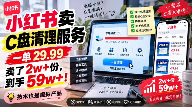 小红书卖C盘清理服务，一单29.99，卖了2w+份，技术也是虚拟产品-LanTi云网创