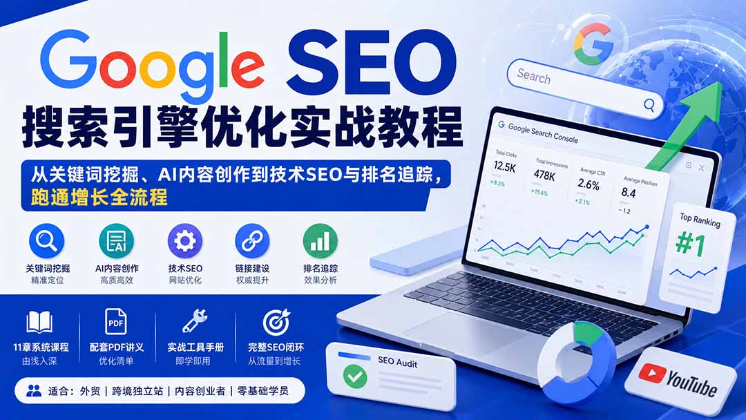 Google SEO搜索引擎优化实战教程：从关键词挖掘、AI内容创作到技术SEO与排名追踪，跑通增长全流程-LanTi云网创