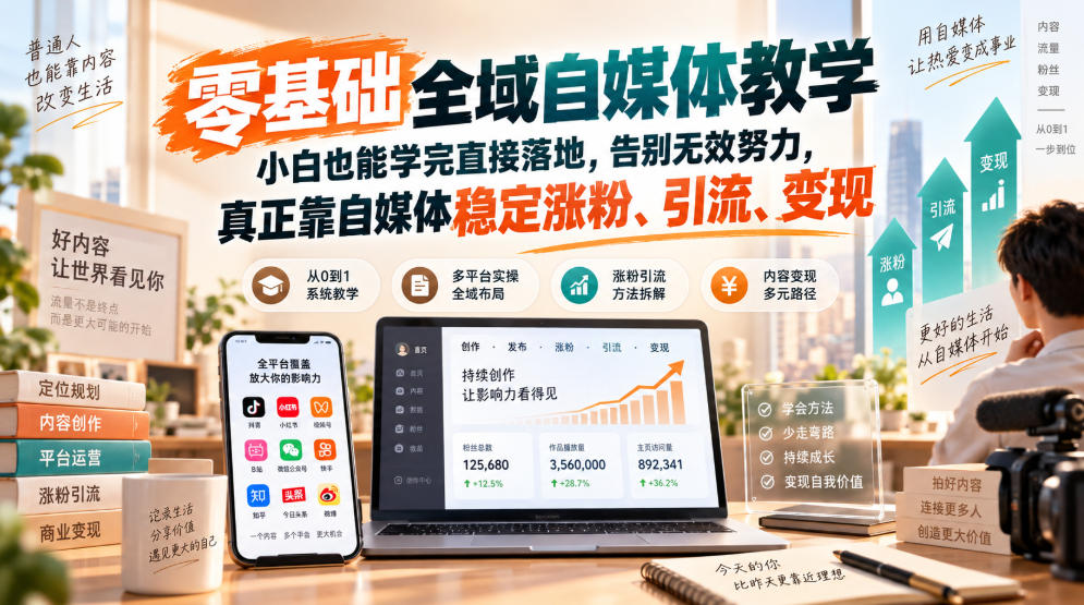 零基础全域自媒体教学，小白也能学完直接落地，告别无效努力，真正靠自媒体稳定涨粉、引流、变现-LanTi云网创