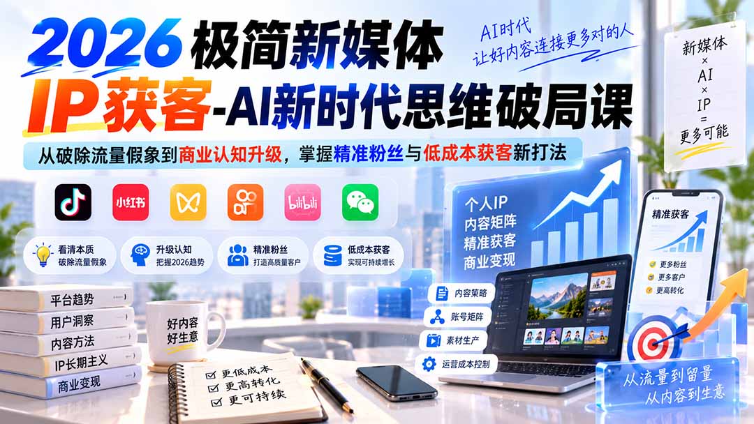 2026极简新媒体IP获客-AI新时代思维破局课：从破除流量假象到商业认知升级，掌握精准粉丝与低成本获客新打法-LanTi云网创