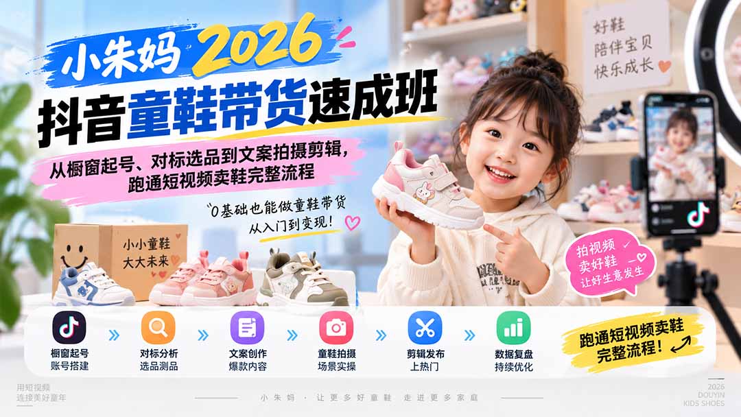 小朱妈2026抖音童鞋带货速成班：从橱窗起号、对标选品到文案拍摄剪辑，跑通短视频卖鞋完整流程-LanTi云网创