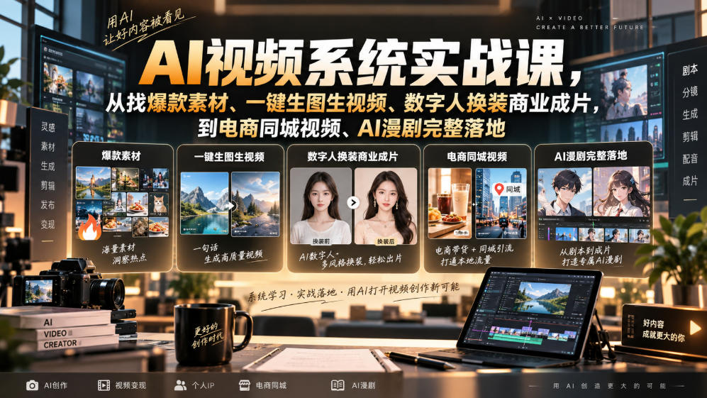 AI视频系统实战课，从找爆款素材、一键生图生视频、数字人换装商业成片，到电商同城视频、AI漫剧完整落地-LanTi云网创