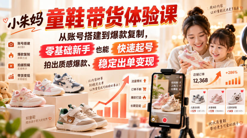 小朱妈童鞋带货体验课，从账号搭建到爆款复制，零基础新手也能快速起号、拍出质感爆款、稳定出单变现-LanTi云网创
