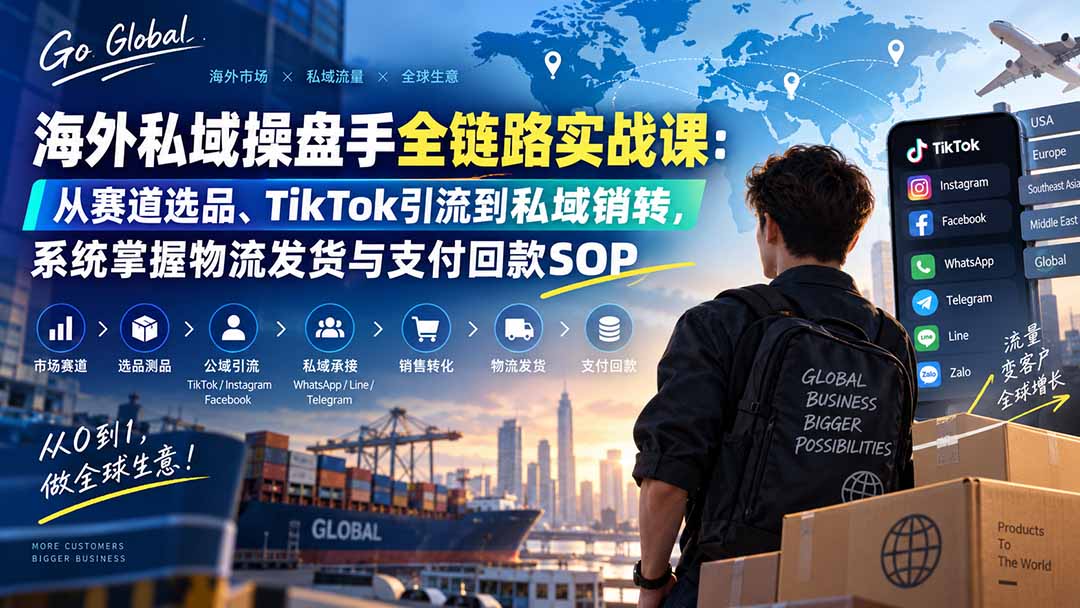 海外私域操盘手全链路实战课：从赛道选品、TikTok引流到私域销转，系统掌握物流发货与支付回款SOP-LanTi云网创