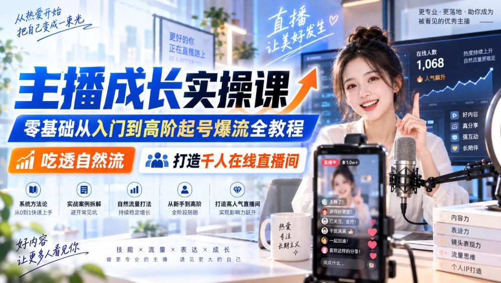 主播成长实操课｜零基础从入门到高阶起号爆流全教程，吃透自然流，打造千人在线直播间-LanTi云网创