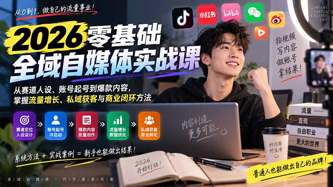2026零基础全域自媒体实战课：从赛道人设、账号起号到爆款内容，掌握流量增长、私域获客与商业闭环方法-LanTi云网创