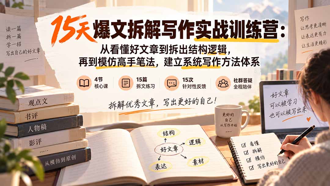 15天爆文拆解写作实战训练营：从看懂好文章到拆出结构逻辑，再到模仿高手笔法，建立系统写作方法体系-LanTi云网创