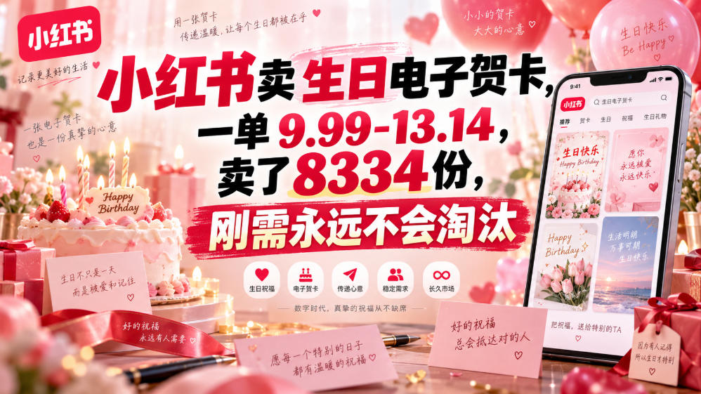 小红书卖生日电子贺卡，一单9.99-13.14，卖了8334份，刚需永远不会淘汰-LanTi云网创