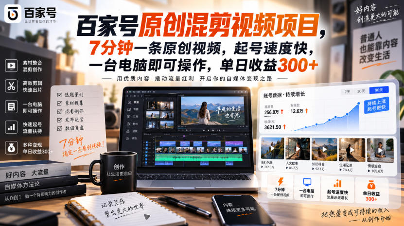 百家号原创混剪视频项目，7分钟一条原创视频，起号速度快，一台电脑即可操作，单日收益300+-LanTi云网创