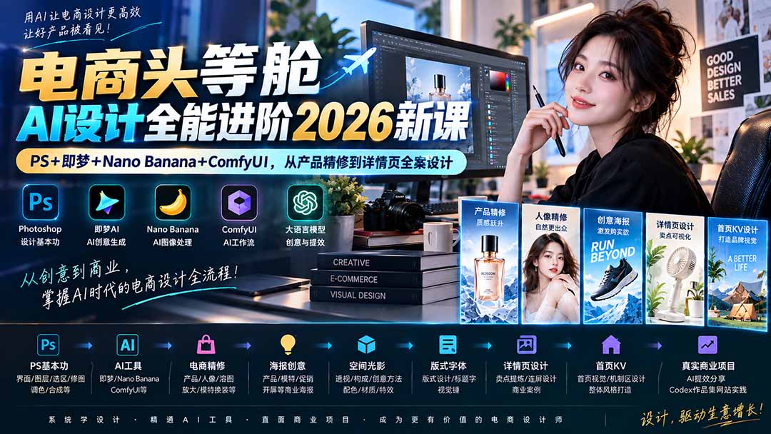 电商头等舱AI设计全能进阶2026新课：PS+即梦+Nano Banana+ComfyUI，从产品精修到详情页全案设计-LanTi云网创