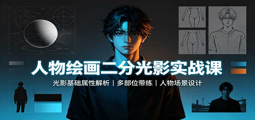 人物绘画二分光影实战课：光影基础属性解析，多部位带练，人物场景设计-LanTi云网创